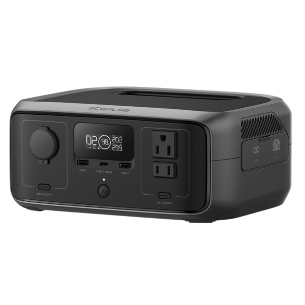 EcoFlow River 3  Estación de Energía Portátil 245Wh Litio LFP  2 AC 300 W (Max. 550W)  1 USB-C 100W  2 USB -A 12W  Cargador de Coche 8A a 12 o 24V  Conectividad WiFi y Bluetooth (App)  Carga Solar 110W Max.